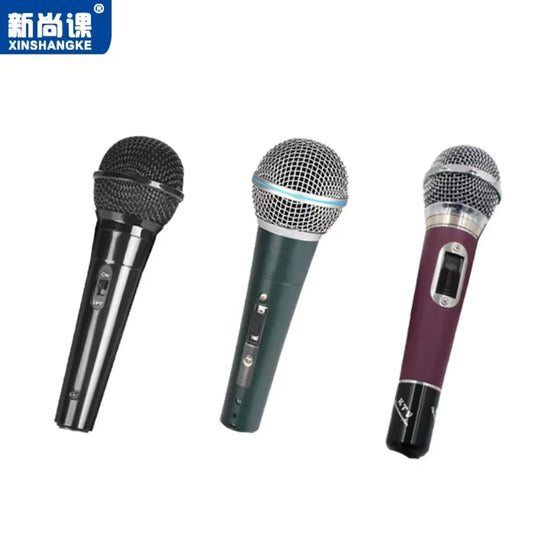 Three metal dynamic microphones with metallic mesh grille in black, dark green with blue band, and maroon with silver trim for stage singing and wired karaoke use