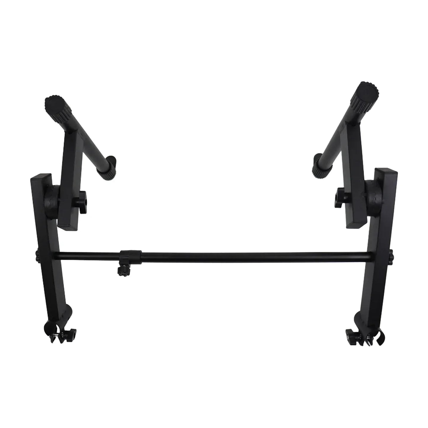 Black metal electric piano rack with adjustable legs and rubberized grips for tiers keyboard stand extension stacking