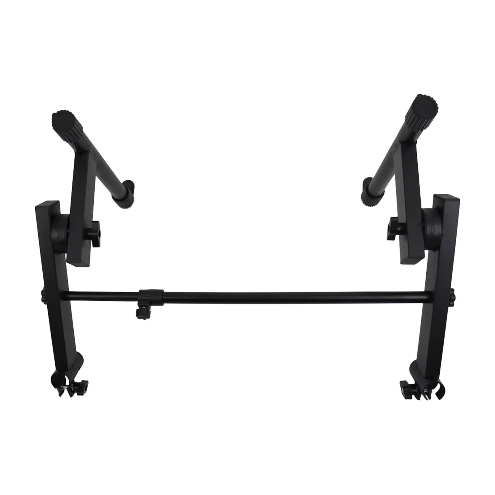 Black metal electric piano rack with adjustable legs and rubberized grips for tiers keyboard stand extension stacking