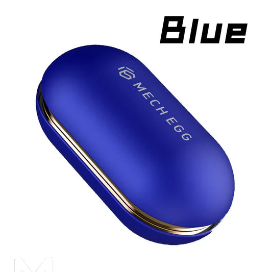 Blue mech egg wireless earbud case with glossy finish and gold trim, metal fidget slider gadget mechanical egg for anxiety relief