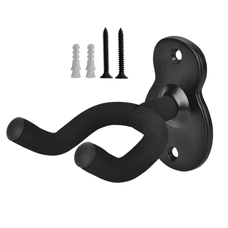 Black metal guitar hanger hook with padded curved arms and flat mounting plate for ukulele violin bass guitars