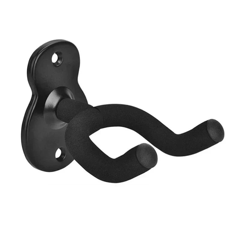 Black metal guitar hanger hook with padded curved hook and flat backplate for ukulele violin bass wall mount