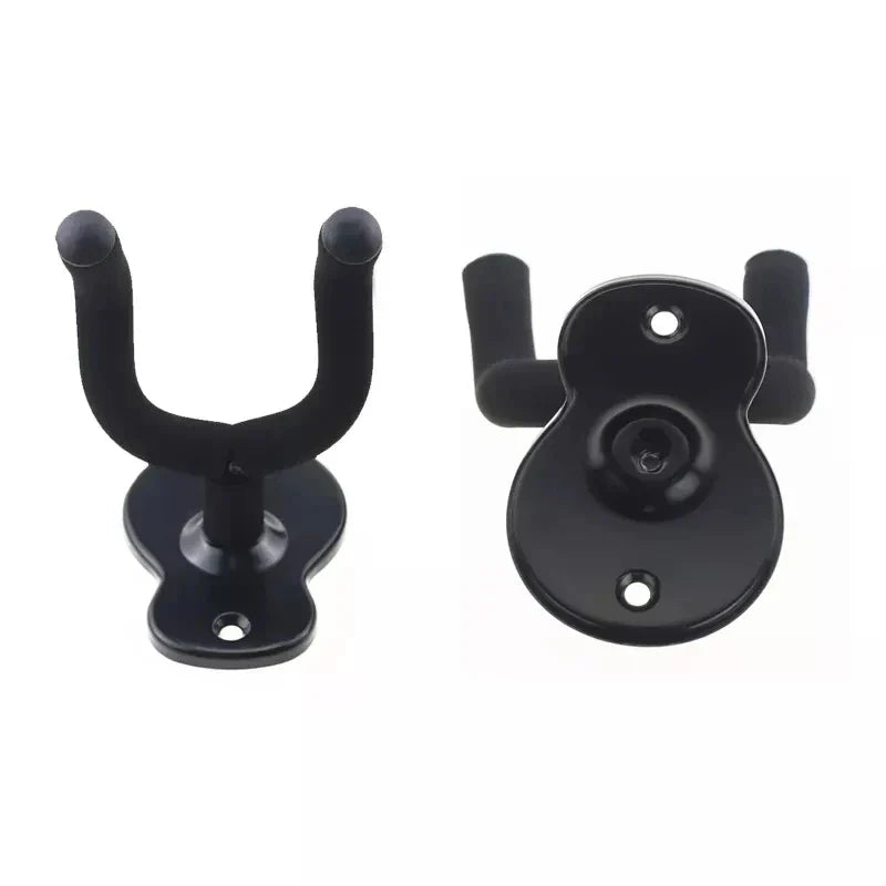 Black metal guitar hanger hook wall mount with two curved non-slip hooks for guitar ukulele violin bass instruments