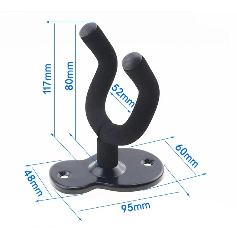 Black plastic metal guitar hanger hook with padded curved arms and flat base for guitar ukulele violin bass instruments