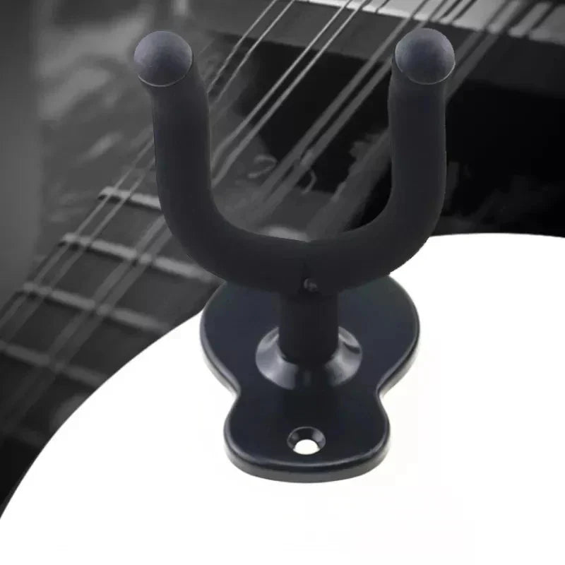 Black metal guitar hanger hook with sleek u-shaped design and rounded non-slip hooks for guitar ukulele violin bass