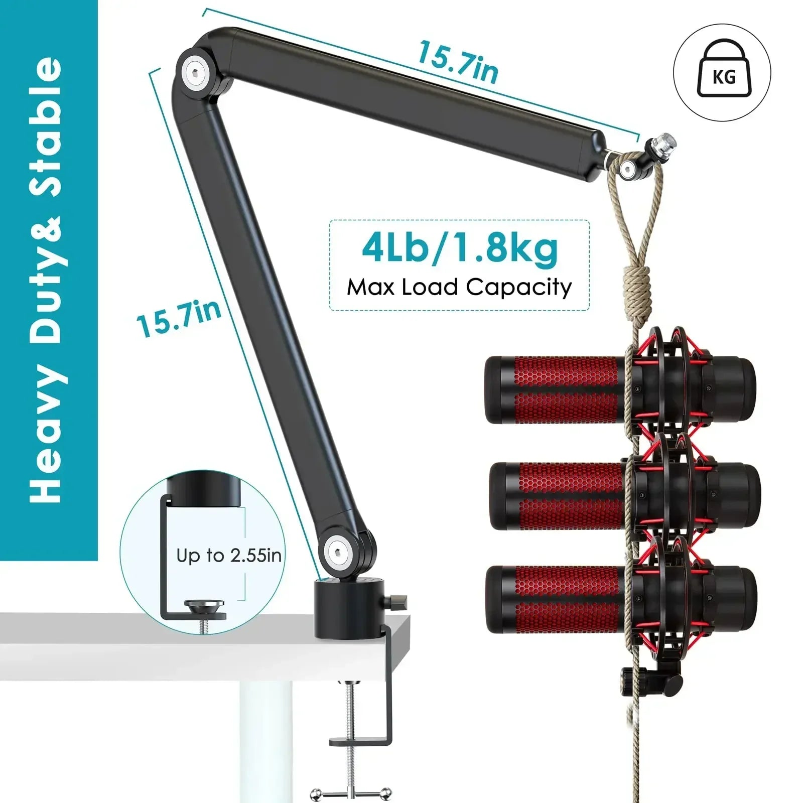 Black metal heavy suspension boom microphone stand arm with red and black dumbbells for sm7b k688 k658 condenser mic recording