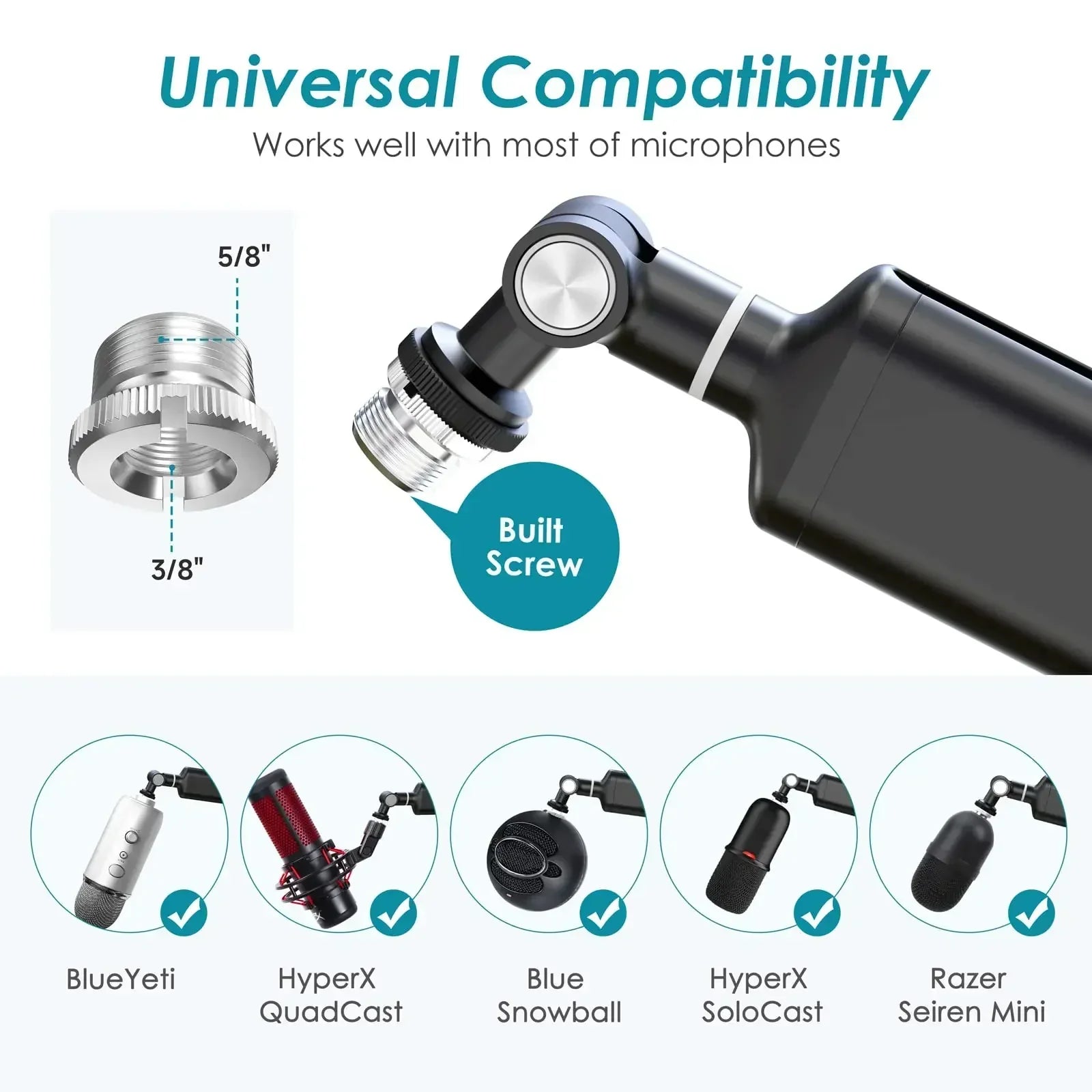 Black metal heavy suspension boom microphone mount with built-in screw and silver threaded adapter for sm7b k688 k658 condenser mic recording