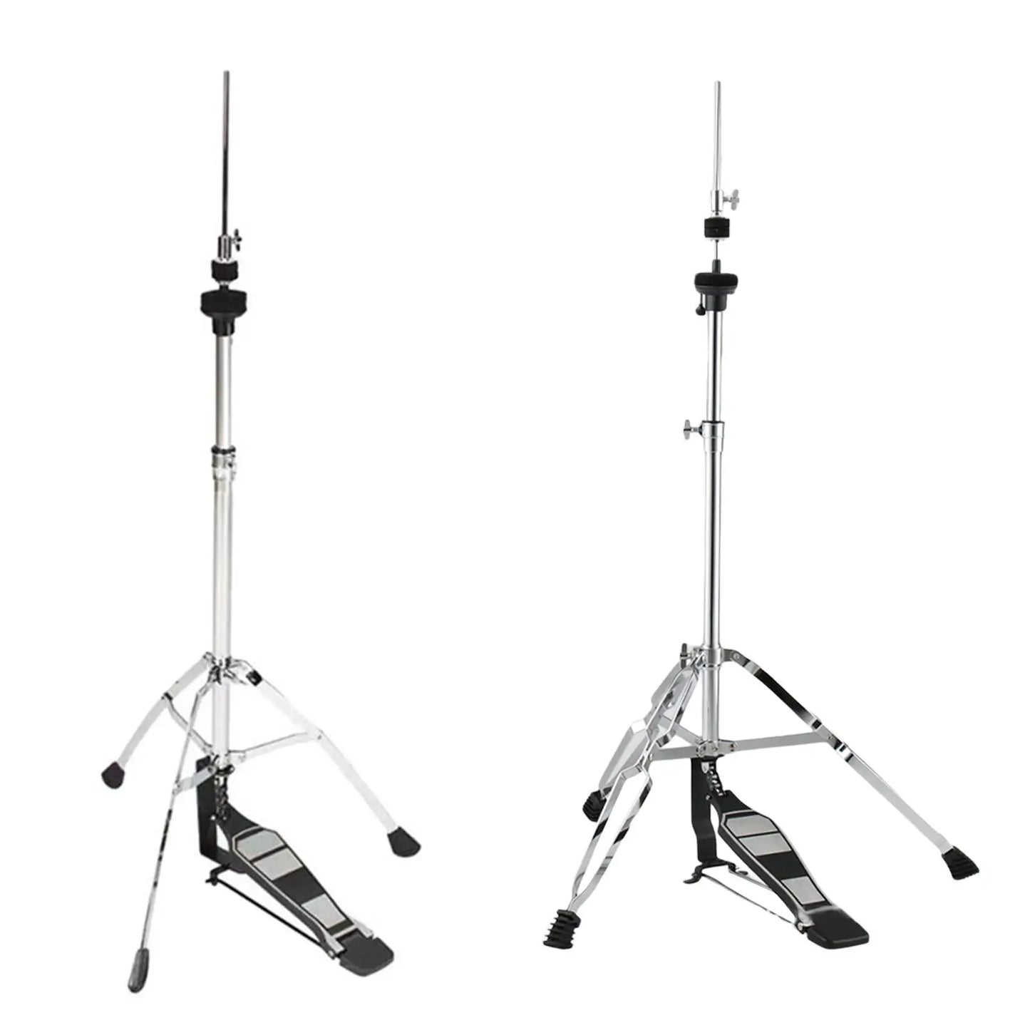 Pair of chrome-finished metal hi hat stand folding drum stands with black foot pedals and adjustable height mechanisms drum percussion parts
