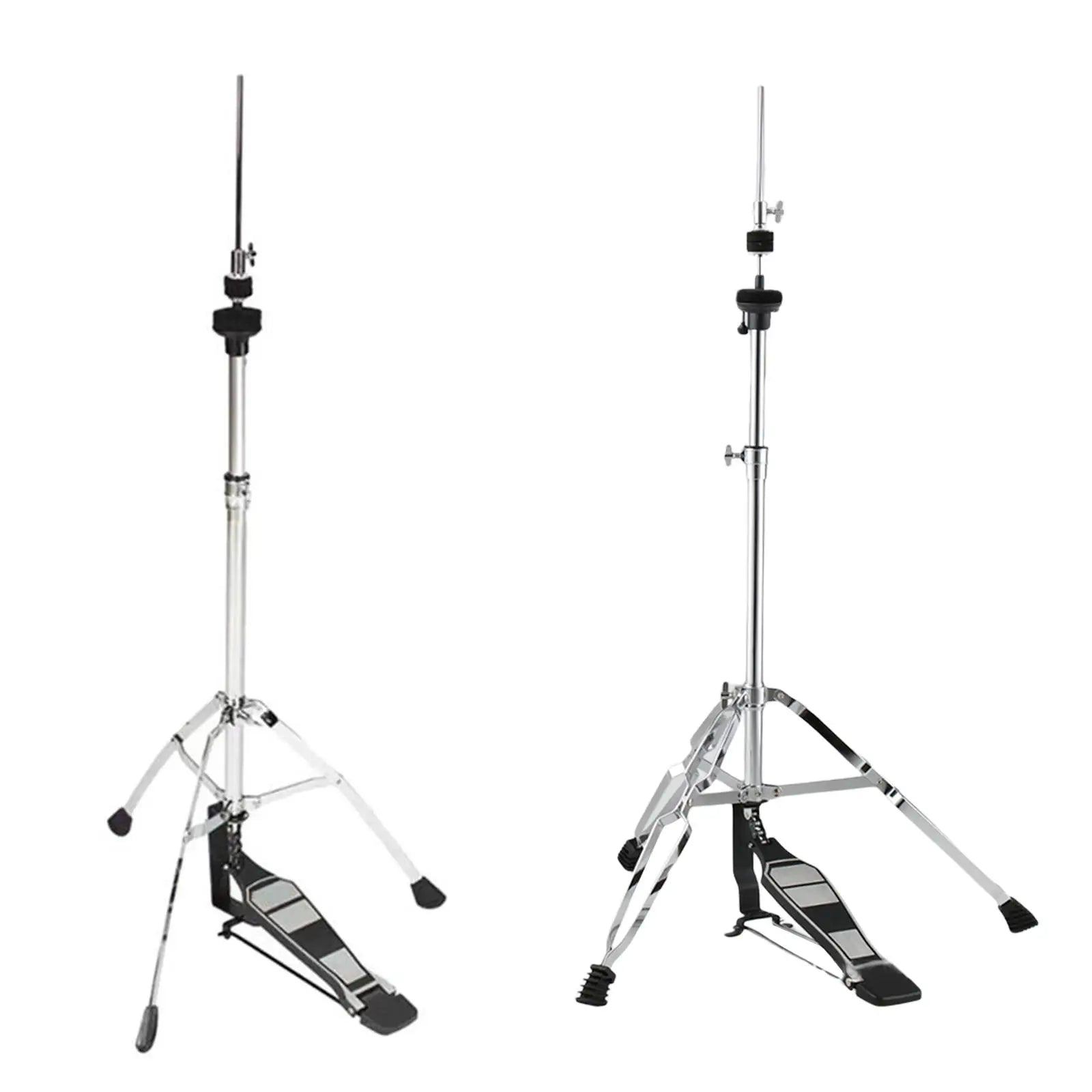 Pair of chrome-finished metal hi hat stand folding drum stands with black foot pedals and adjustable height mechanisms drum percussion parts