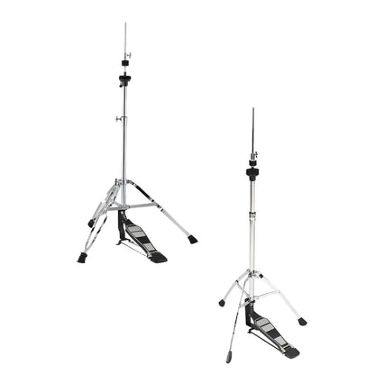 Silver chrome finished metal hi hat stand folding bracket with black foot pedal and tripod base for drum percussion parts