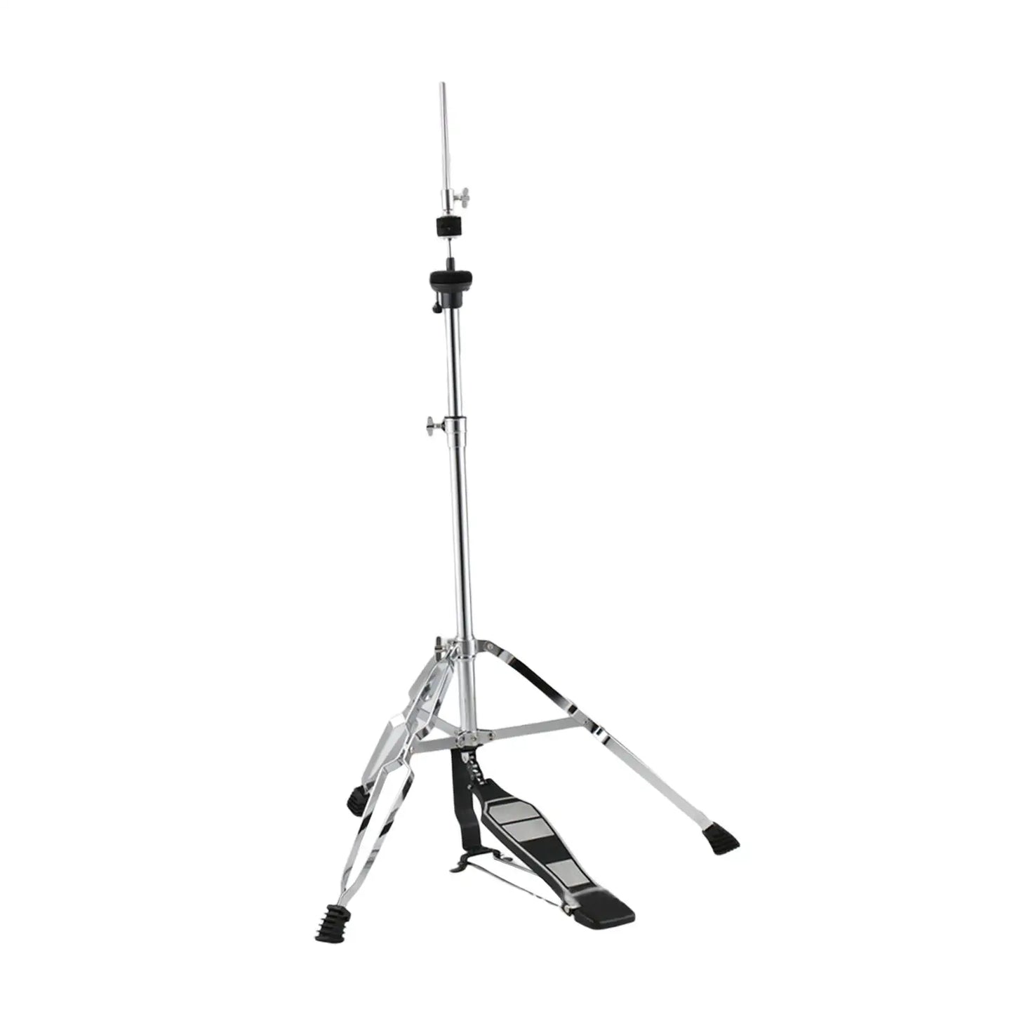 Silver chrome-finished metal hi hat stand folding bracket with black foot pedal and adjustable height for drum percussion parts