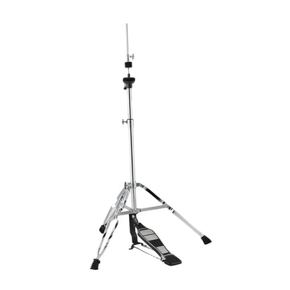Silver chrome-finished metal hi hat stand folding bracket with black foot pedal and adjustable height for drum percussion parts