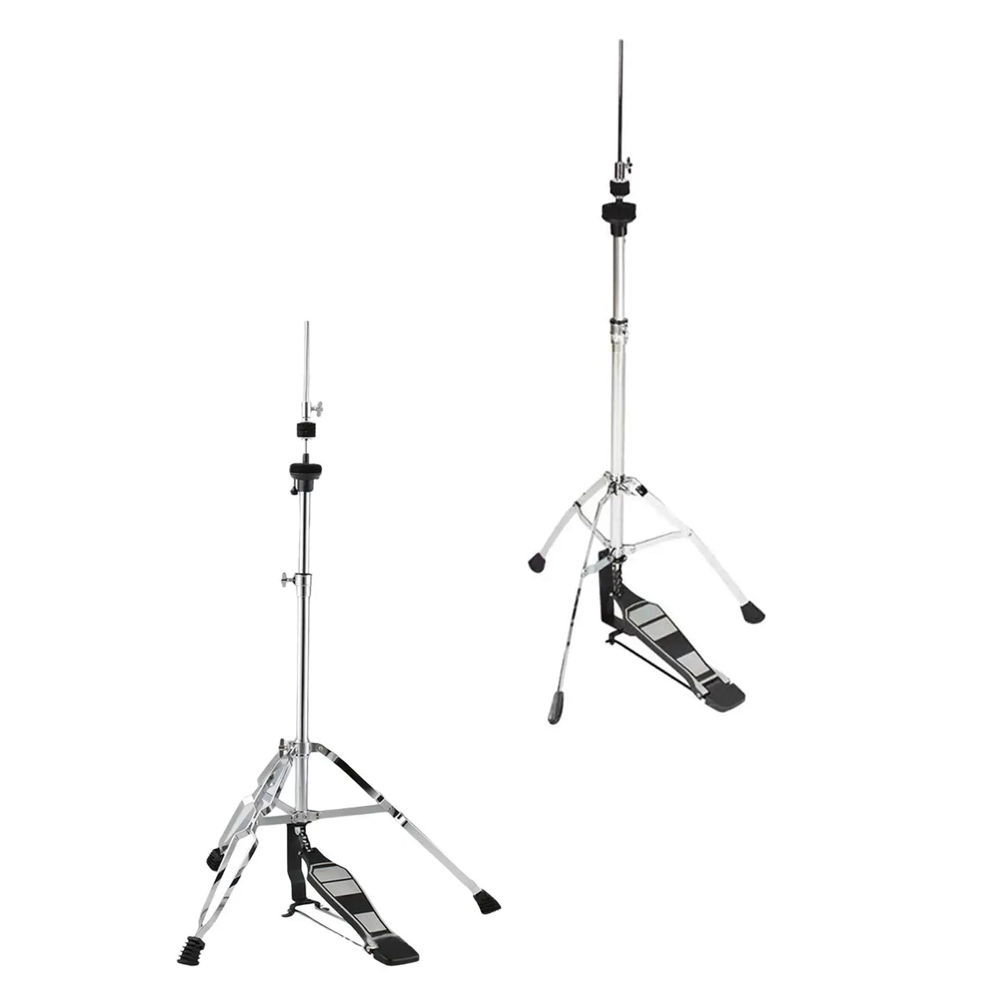 Silver chrome-finished metal hi hat stand with folding bracket drum and adjustable height for drum percussion parts use