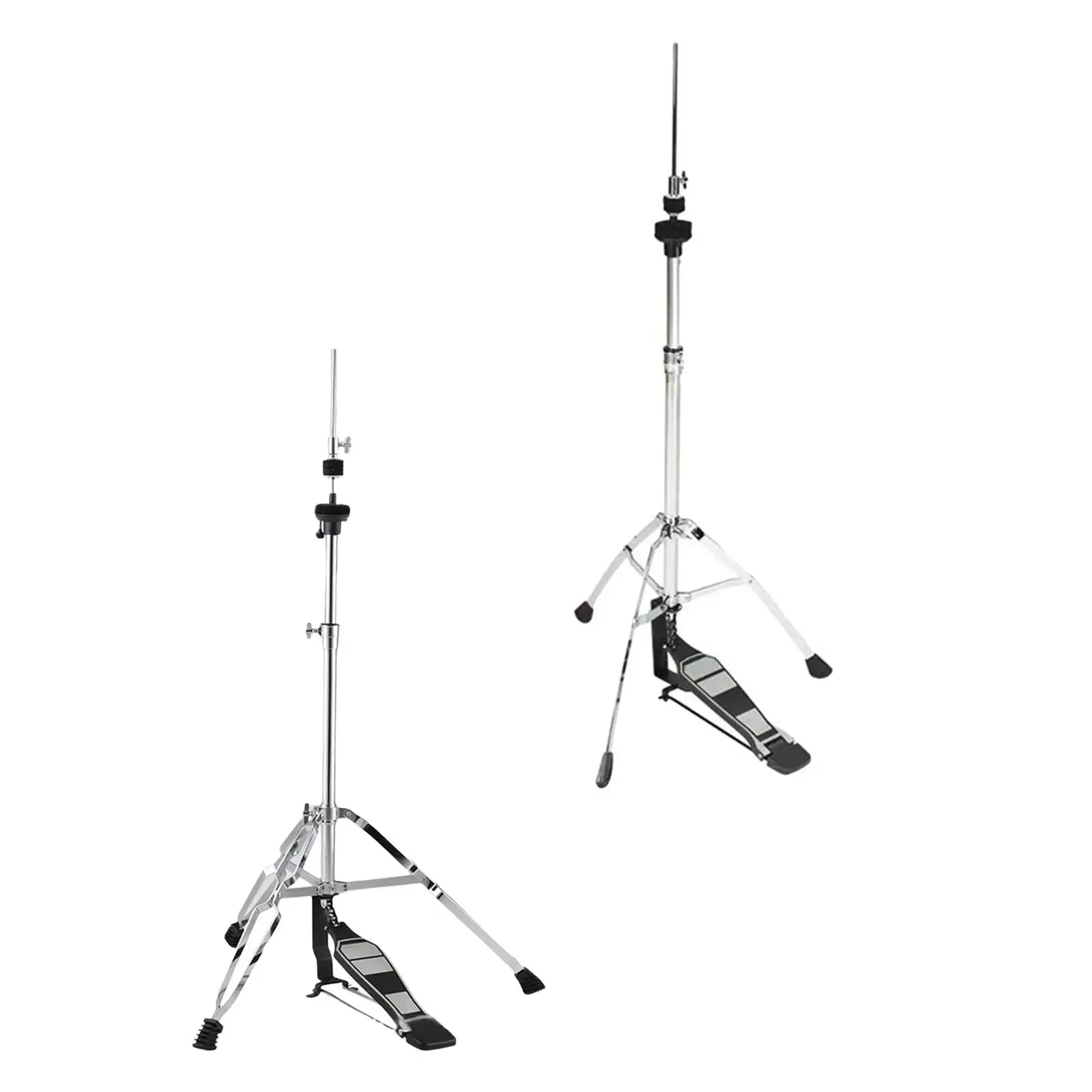 Silver chrome-finished metal hi hat stand folding bracket with black foot pedal and adjustable height for drum percussion parts