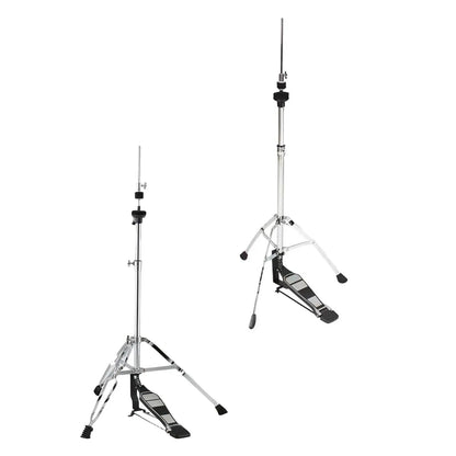 Silver chrome-finished metal hi hat stand folding bracket with black foot pedal and adjustable height for drum percussion parts