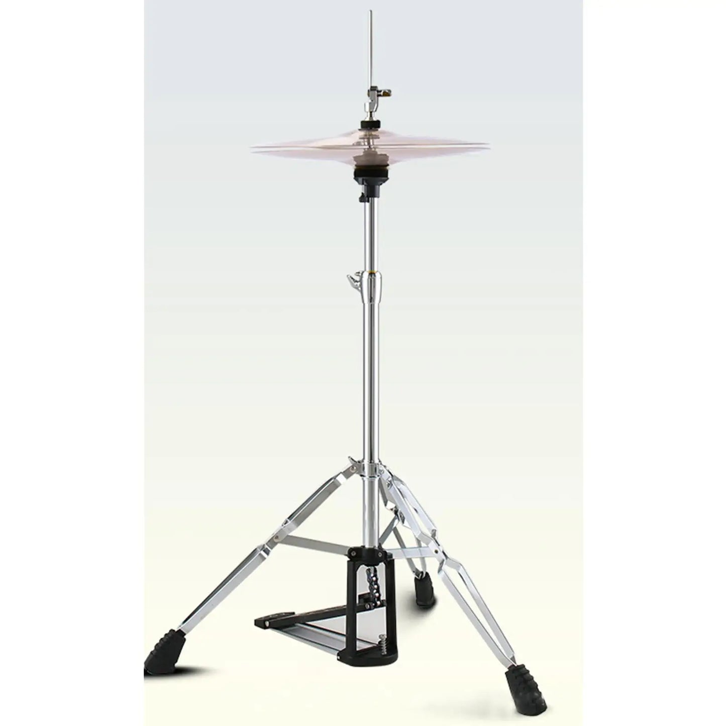 Silver cymbal mounted on adjustable chrome metal hi hat stand folding bracket drum with black rubber feet for drum percussion parts