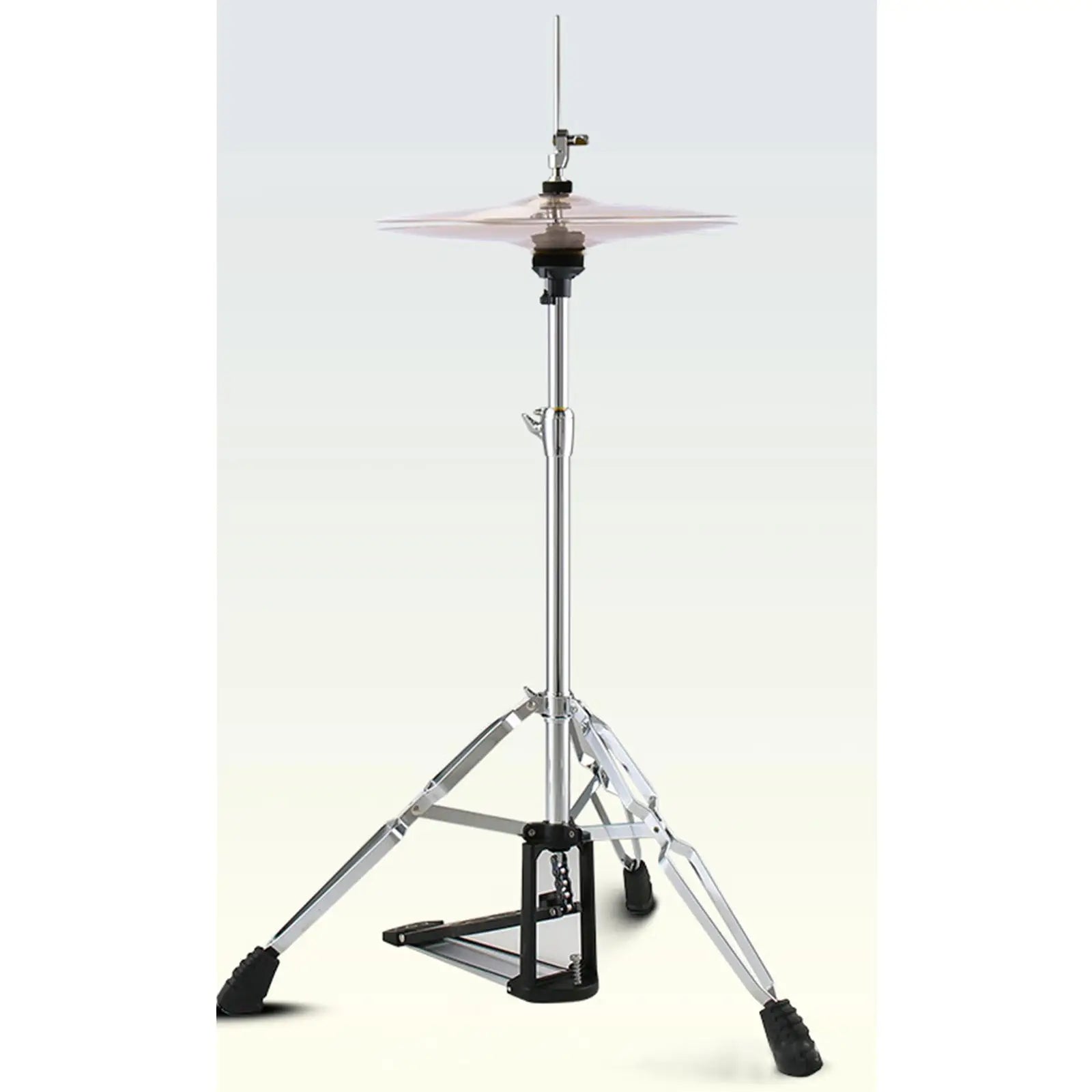 Silver cymbal mounted on adjustable chrome metal hi hat stand folding bracket drum with black rubber feet for drum percussion parts
