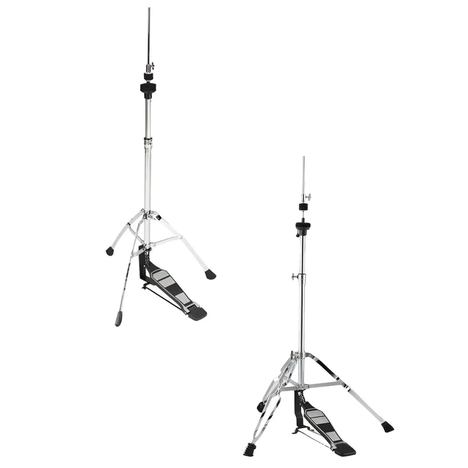 Silver-finished metal hi hat stand with folding bracket, adjustable height, and black foot pedal for drum percussion parts