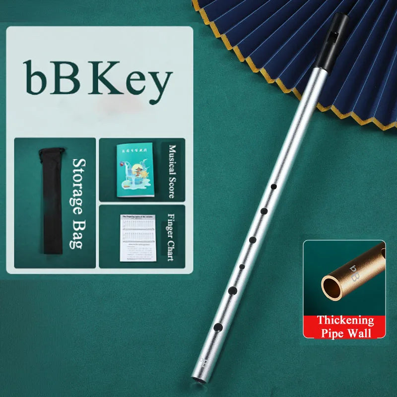 Silver metal irish whistle with black finger holes and cap, durable student playing recorder for professional performance irish music