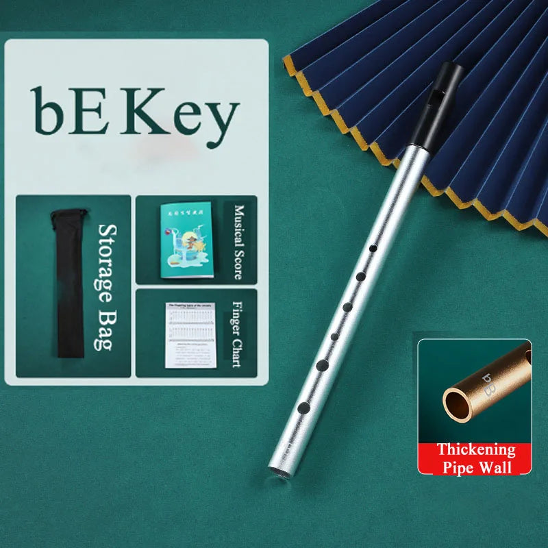 Silver metal irish whistle with black finger holes and gold end cap for student playing recorder and professional performance irish use