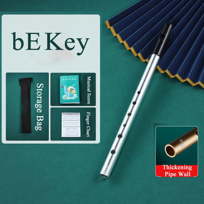 Silver metal irish whistle with black finger holes and gold end cap for student playing recorder and professional performance irish use