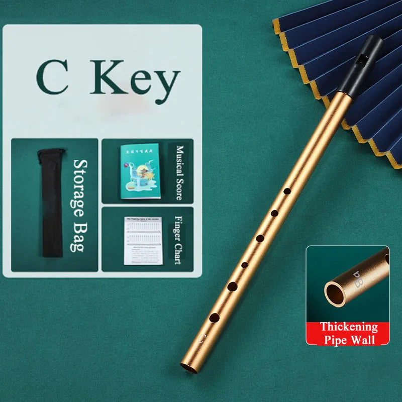 Golden c key metal irish whistle with black mouthpiece and six finger holes for student playing recorder and professional performance irish use