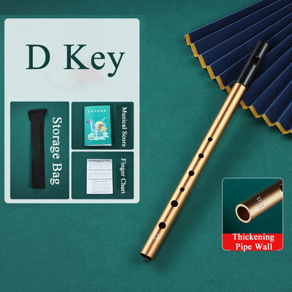 Golden d-key metal irish whistle with black mouthpiece and six finger holes for professional performance and student playing recorder