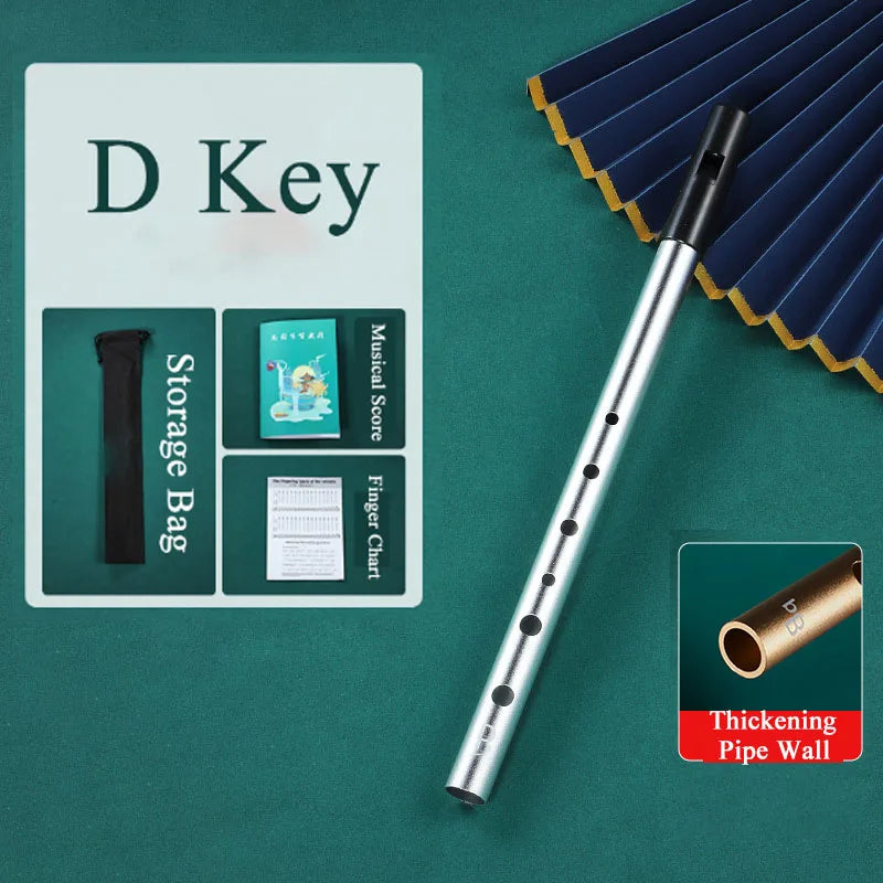 Silver d key metal Irish whistle with black finger holes and thickened pipe wall for professional performance Irish use