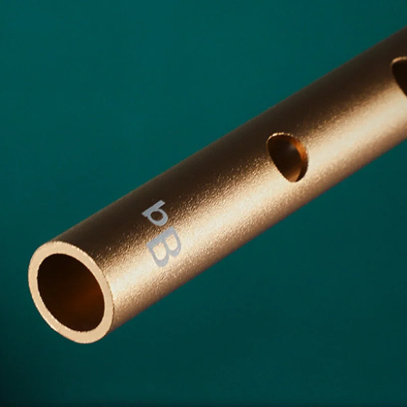 A sleek gold metal irish whistle with brushed finish and evenly spaced holes for professional performance use