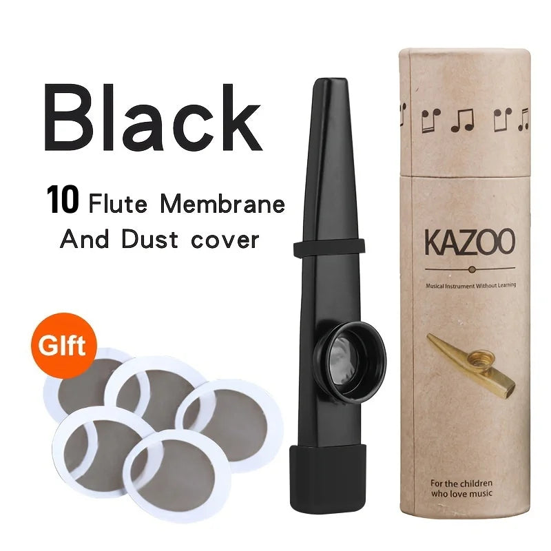 Black plastic kazoo with circular mouthpiece and grip in cardboard tube for guitar ukulele beginner instrument portable whistle