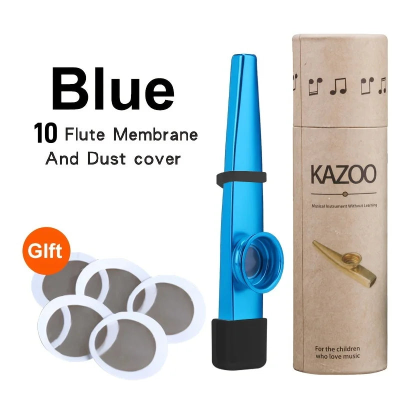 Blue plastic metal kazoo accompaniment with black rubber grip and dust cover in cardboard packaging for guitar ukulele beginner