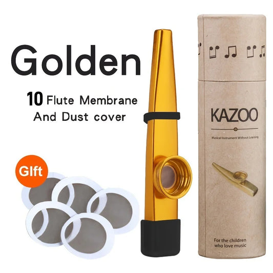 Golden metal kazoo accompaniment with black grip in cardboard tube packaging ideal for guitar ukulele beginner portable whistle instrument