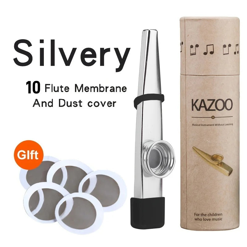 Silver metal kazoo accompaniment with black rubber grip and dust cover in cardboard packaging for guitar ukulele beginner
