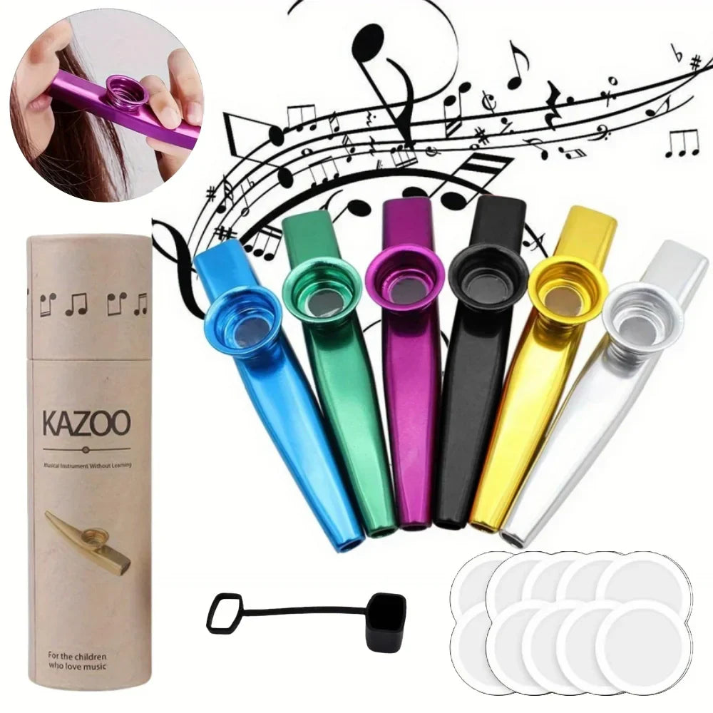 A colorful set of metallic metal kazoo accompaniment in blue green purple black yellow and silver for guitar ukulele beginner portable whistle instrument