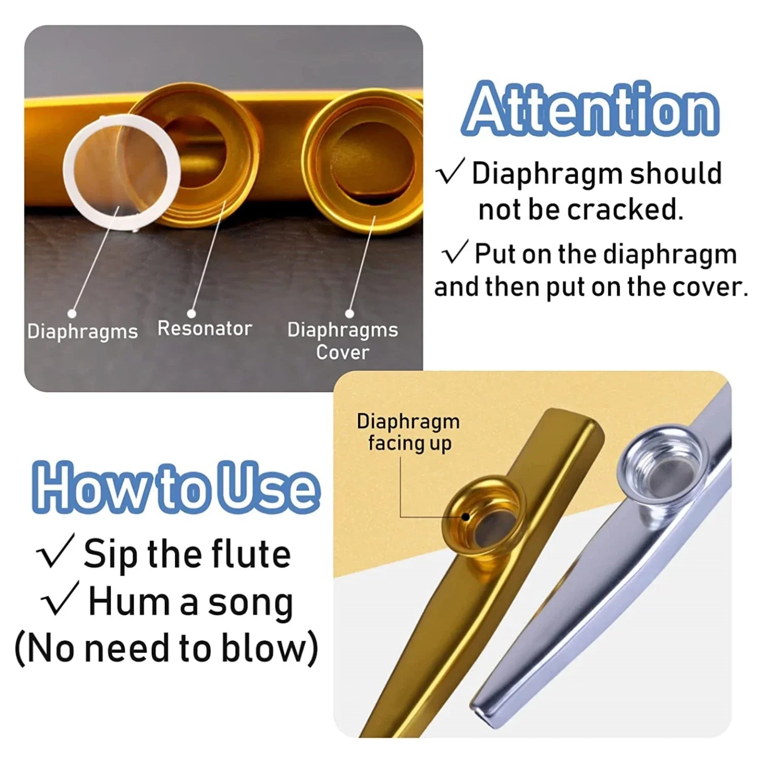 Metal kazoo accompaniment with gold and silver metallic finish and circular diaphragm for guitar ukulele beginner use