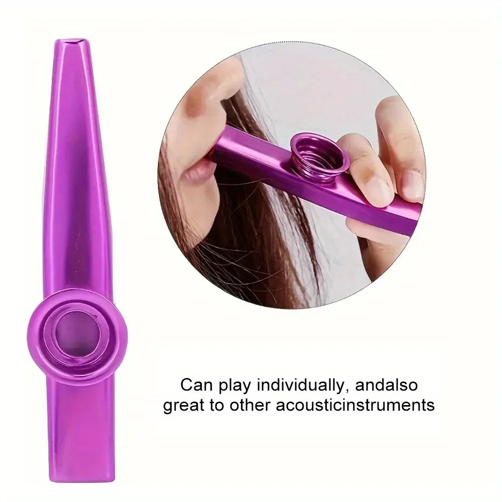 Purple metallic metal kazoo accompaniment with circular mouthpiece and finger hole for guitar ukulele beginner instrument portable whistle