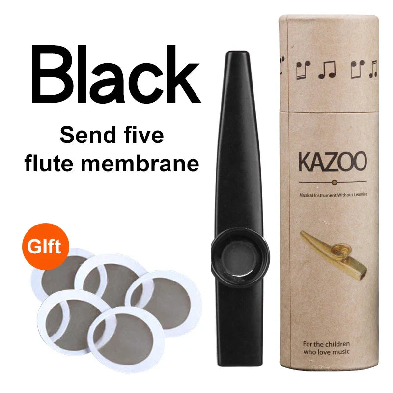 Black metal kazoo musical instrument with sleek surface and circular mouthpiece included in 5 pcs flute film set to learn musical instruments