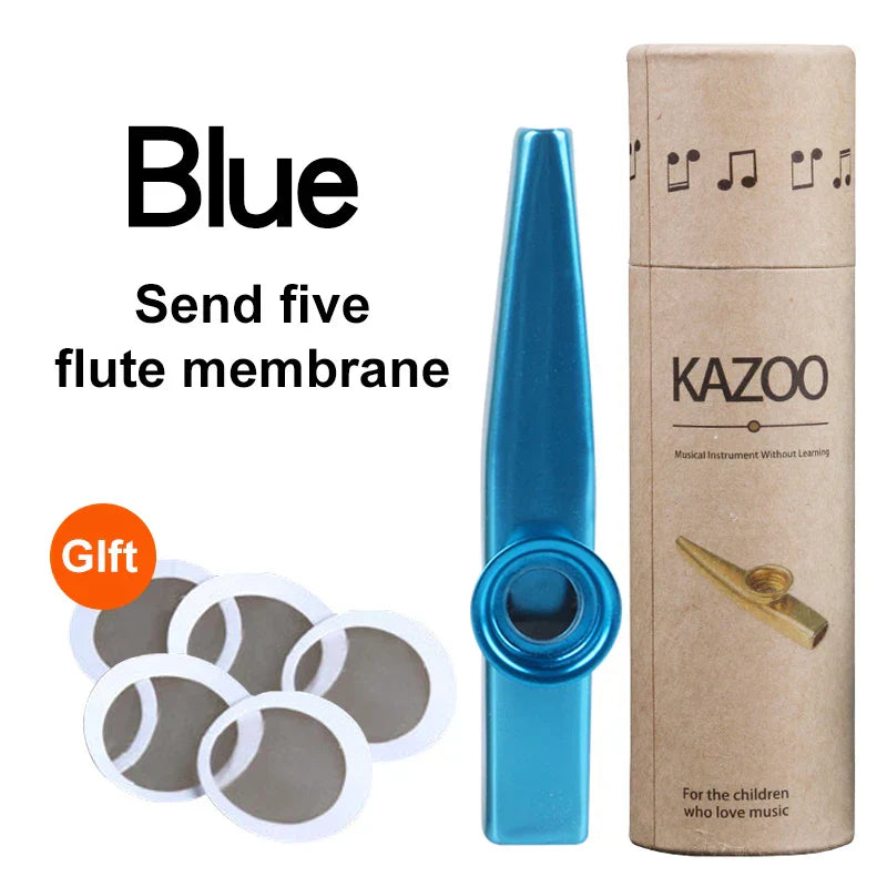 Blue metallic metal kazoo musical instrument with circular mouthpiece and smooth tapered design from 5 pcs flute film gift set