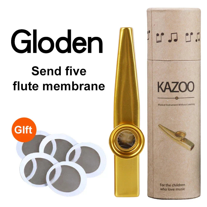 Gold-colored metal kazoo musical instrument with smooth metallic finish and circular mouthpiece for easy learning