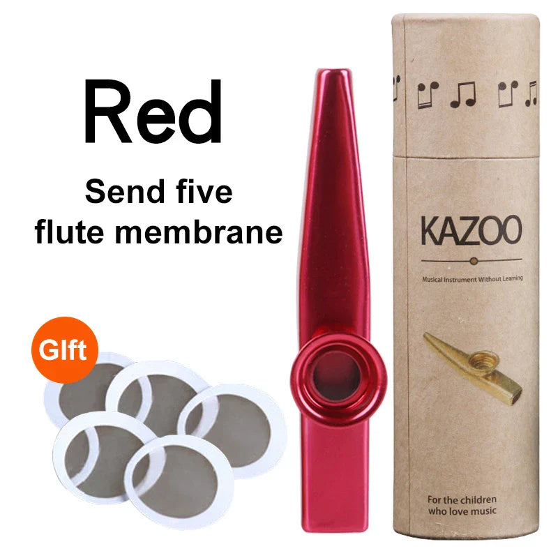 Red metallic kazoo musical instrument with glossy finish and circular mouthpiece included in 5 pcs flute film gift set