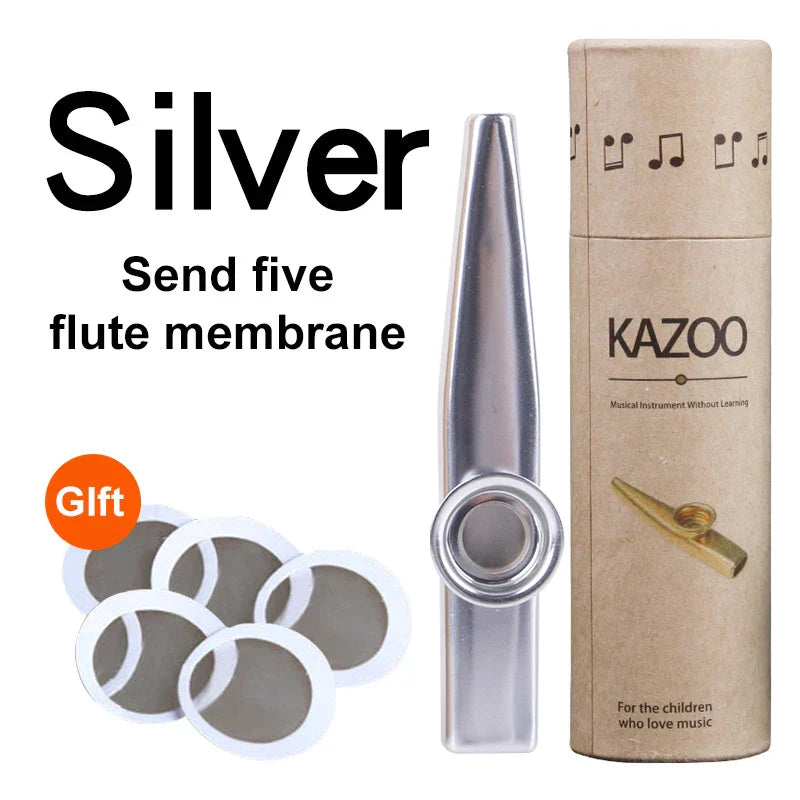Silver metal kazoo musical instrument with sleek metallic finish and circular mouthpiece included in 5 pcs flute film gift set