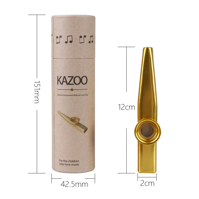 Golden metal kazoo musical instrument with sleek metallic finish and circular mouthpiece in 5 pcs flute film gift set