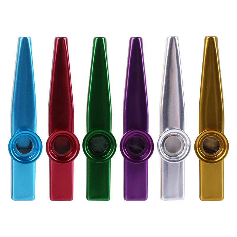 A set of six colorful metal kazoo musical instruments in blue red green purple silver and gold with pcs flute film gift