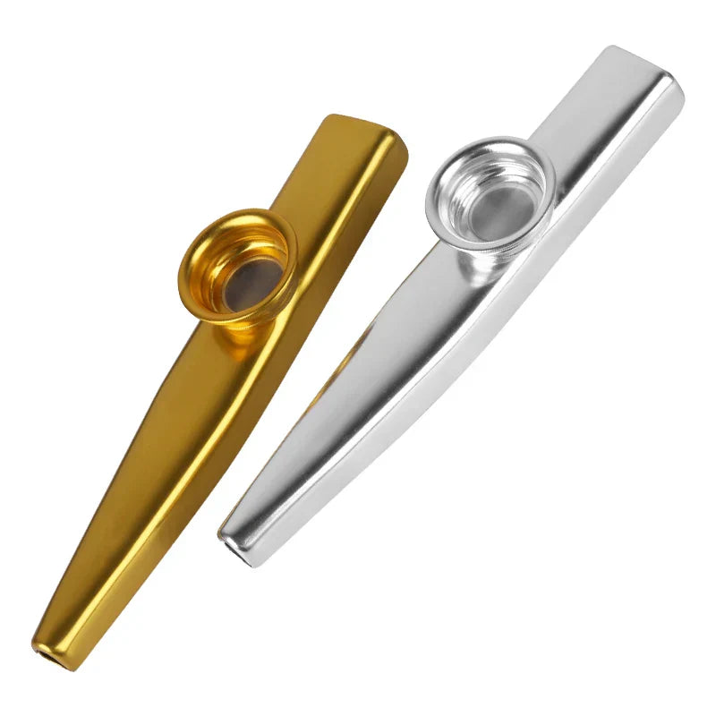 Two metal kazoo musical instruments in polished gold and shiny silver with pcs flute film gift for easy learning