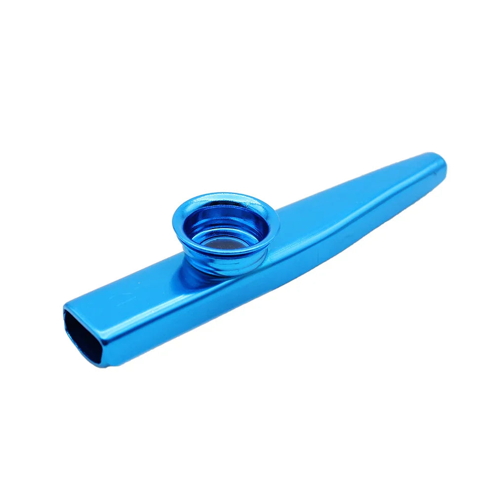 A sleek vibrant blue metallic kazoo with a simple design ideal for beginner guitar ukulele violin instrument players