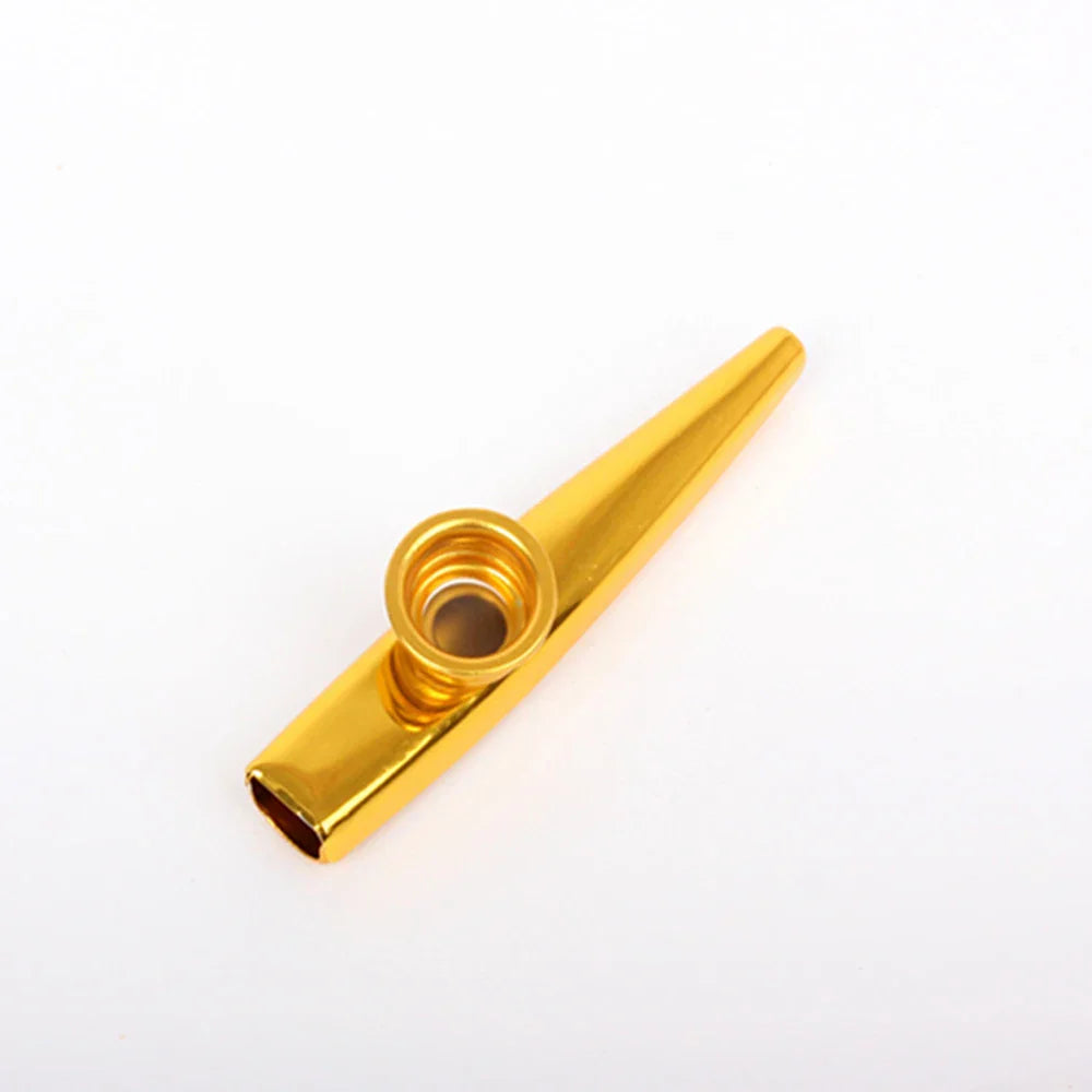 Golden metallic metal kazoo with sleek elongated body and circular mouthpiece for beginner guitar ukulele violin instrument use