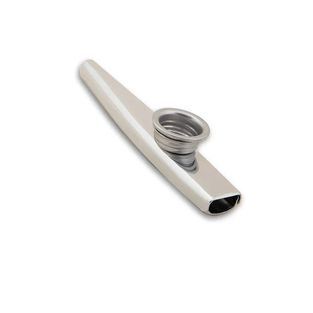 Shiny silver metal kazoo with smooth reflective surface and circular mouthpiece for beginner guitar ukulele violin instrument