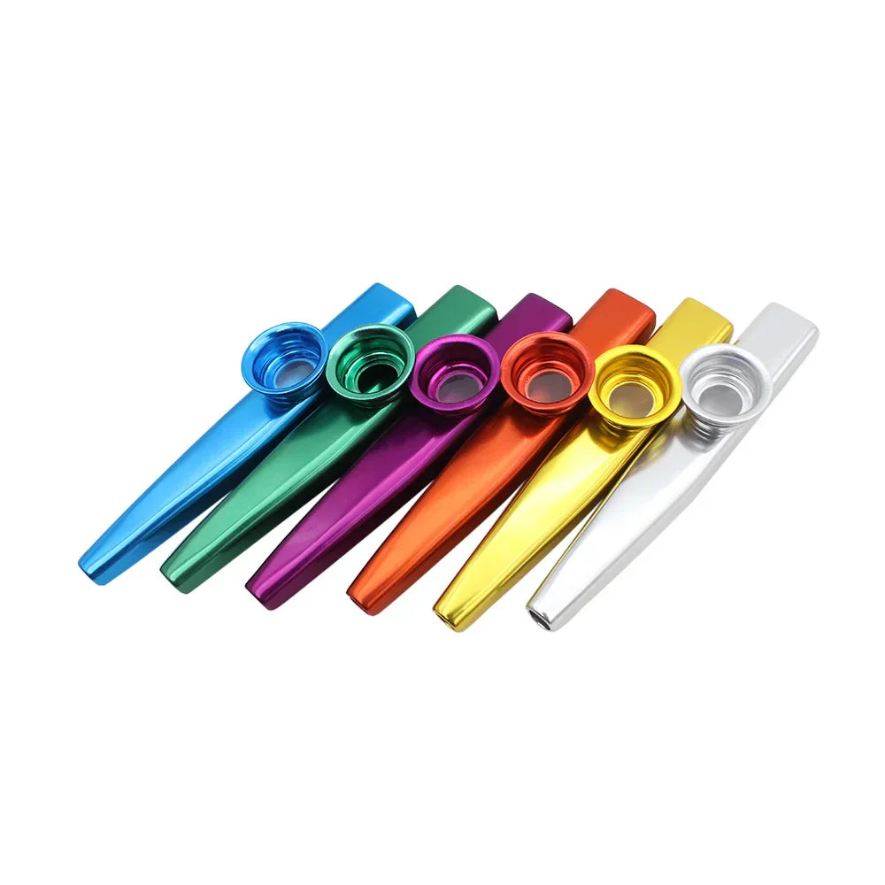 A set of six colorful metal kazoos simple design lightweight for beginner guitar ukulele violin instrument players