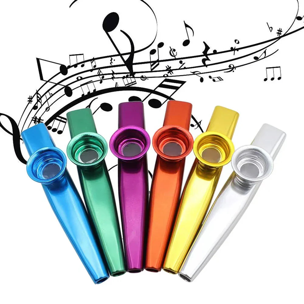 A set of six colorful metal kazoos simple design lightweight for beginner guitar ukulele and violin instrument players