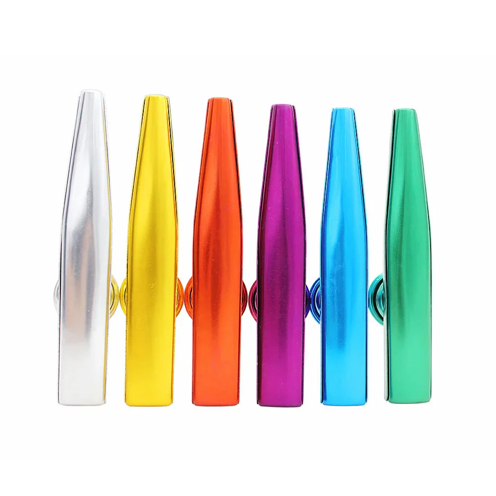 A set of six colorful metallic metal kazoos simple design for beginner guitar ukulele violin instrument music lovers